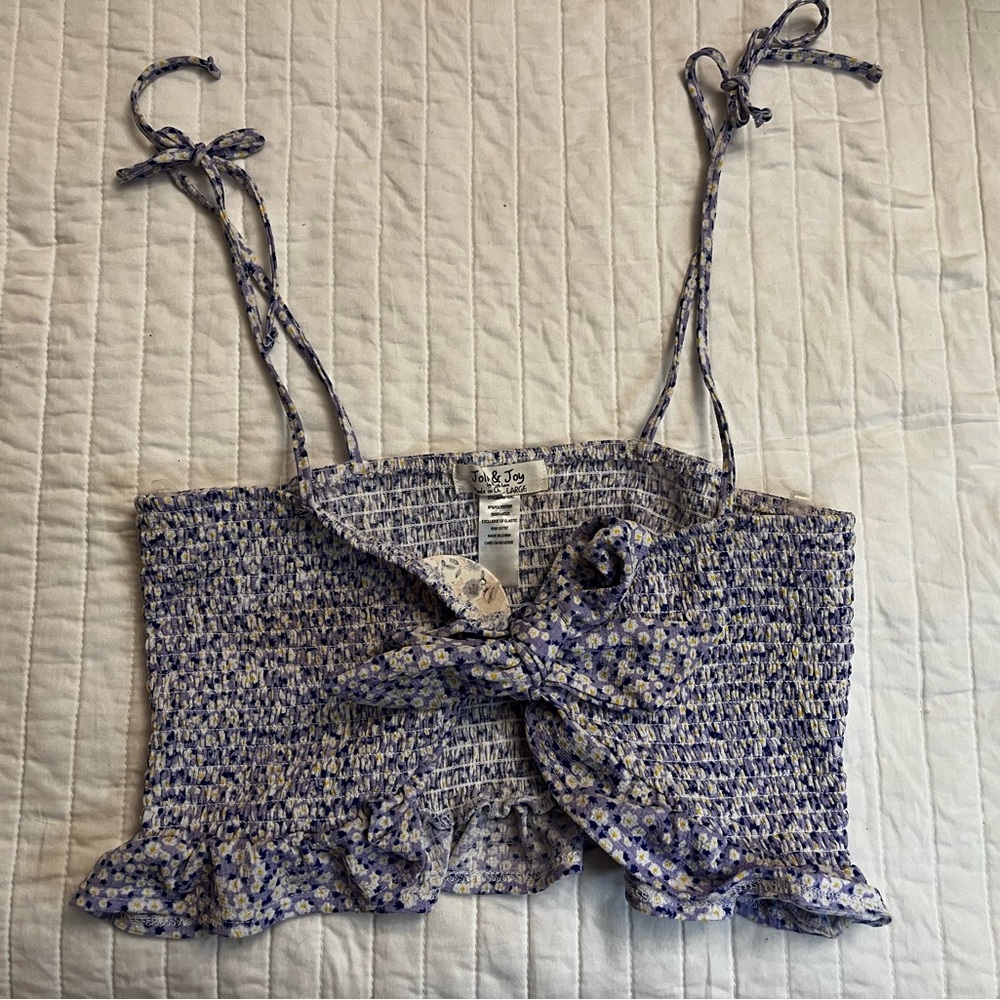 Jolie & Joy purple floral tie front crop top